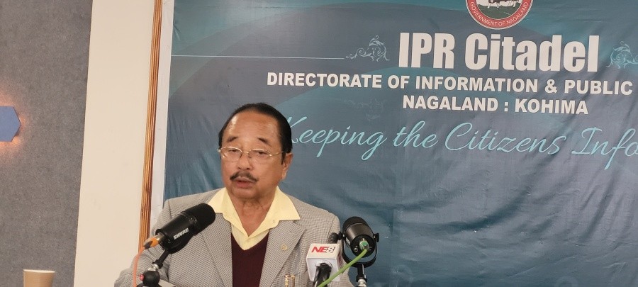 Advisor Imkong L Imchen addressing a press conference in Kohima on May 5. (Morung Photo)